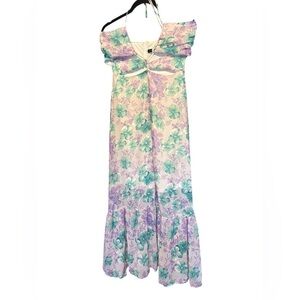 Women's Floral Halter Maxi Dress Cut Outs Tie Front Purple White Green Size L